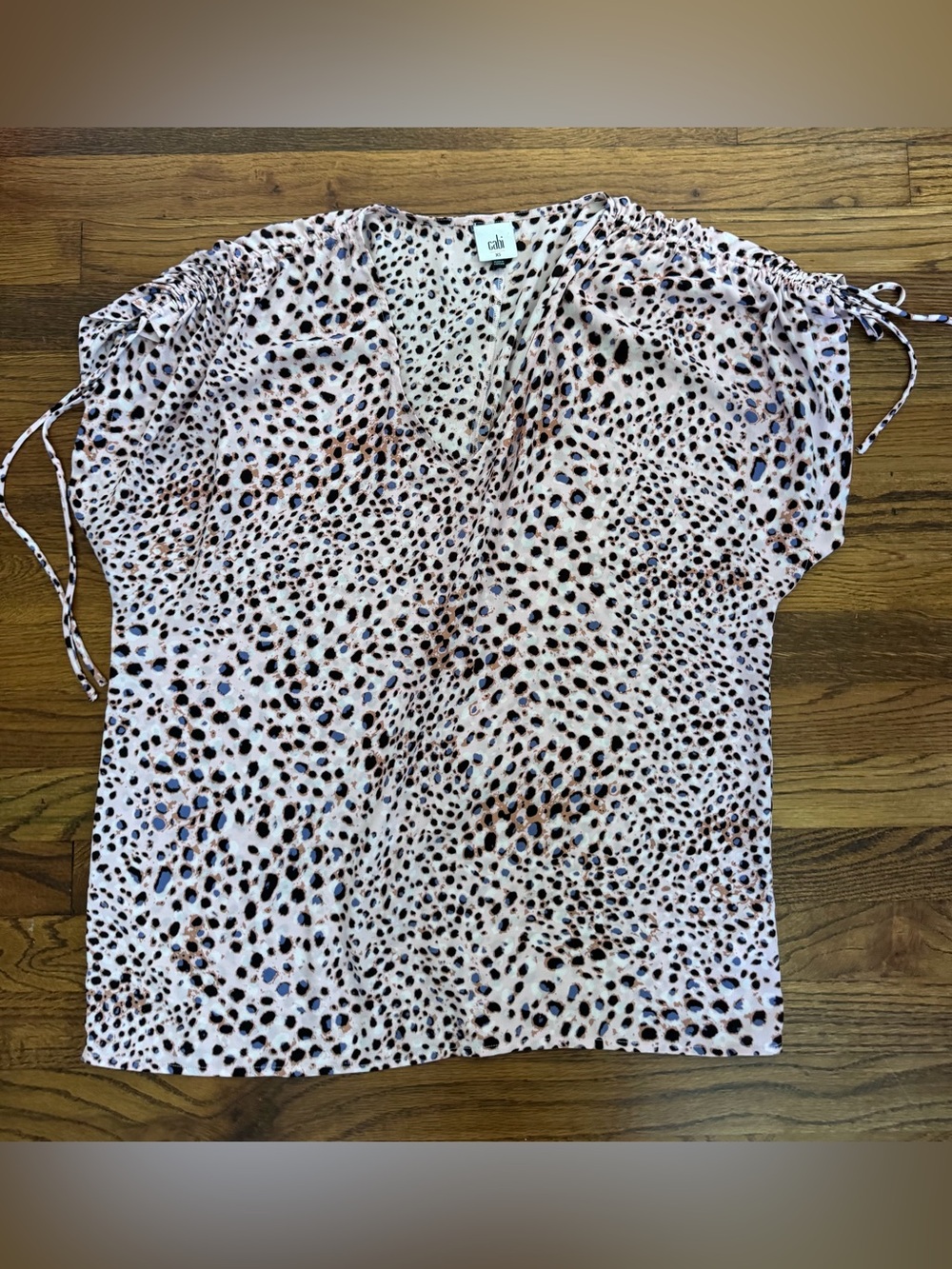 * CAbi Pink Leopard-Spot V-Neck Ruched Sleeve Top